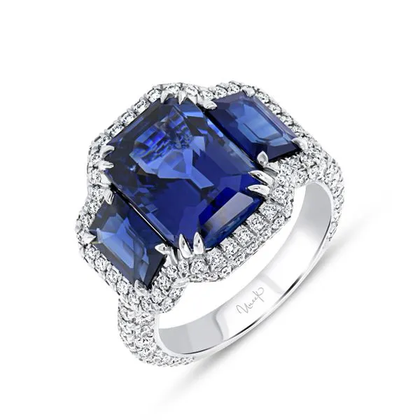 Uneek Precious Collection 3-Stone-Halo Blue Sapphire Engagement Ring Diamond Source Jewelers Greenwood Village, CO
