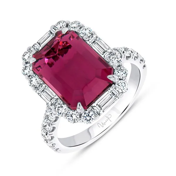 Uneek Precious Collection Halo Emerald Rubellite Engagement Ring Quest Fine Jewelers Fairfax, VA