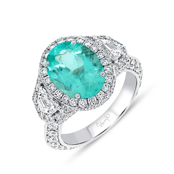 Uneek Precious Collection 3-Stone-Halo Paraiba Engagement Ring Aires Jewelers Morris Plains, NJ