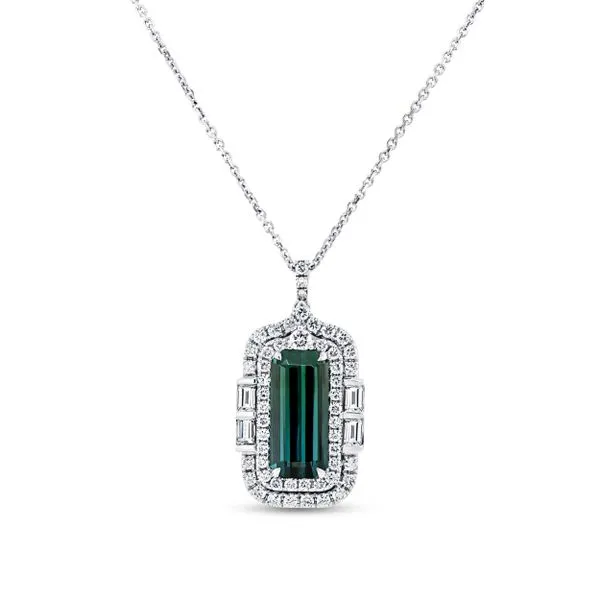 Uneek Precious Collection Double-Halo Emerald Green Tourmaline Drop Pendant Quest Fine Jewelers Fairfax, VA