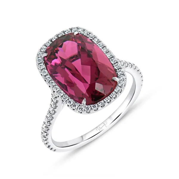Uneek Precious Collection Halo Cushion Rubellite Engagement Ring Diamond Source Jewelers Greenwood Village, CO
