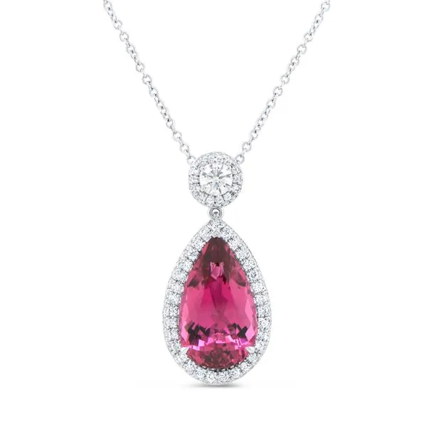 Uneek Precious Collection Halo Pear Rubellite Drop Pendant Diamond Source Jewelers Greenwood Village, CO