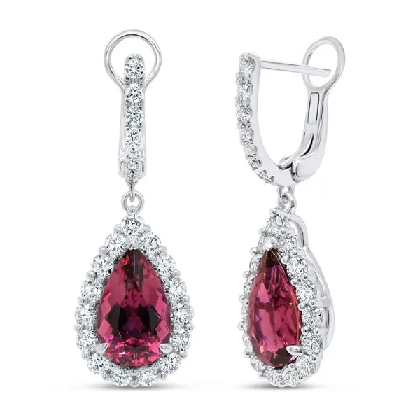 Uneek Precious Collection Halo Pear Rubellite Drop Earrings Tracy Jewelers Spokane, WA
