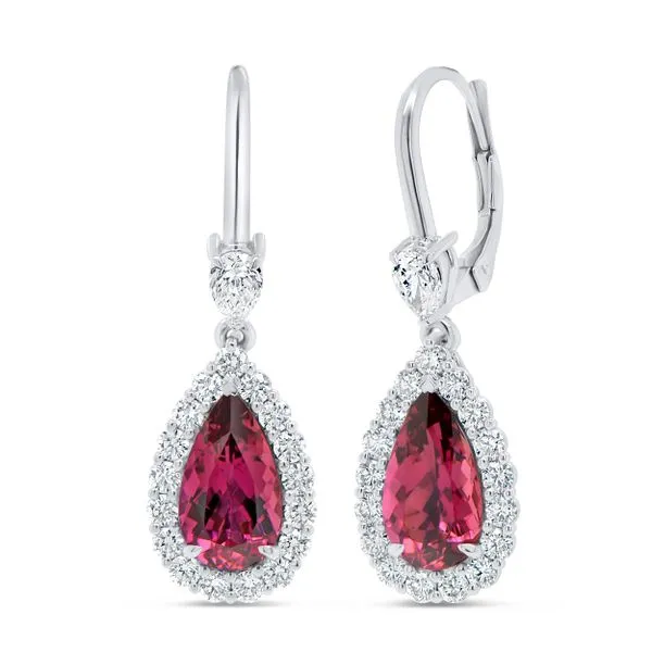 Uneek Precious Collection Halo Pear Rubellite Drop Earrings Quest Fine Jewelers Fairfax, VA