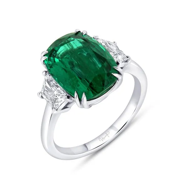 Uneek Precious Collection Three-Stone Cushion Green Emerald Engagement Ring Diamond Source Jewelers Greenwood Village, CO