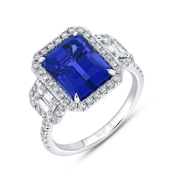 Uneek Precious Collection 3-Stone-Halo Emerald Tanzanite Engagement Ring Diamond Source Jewelers Greenwood Village, CO