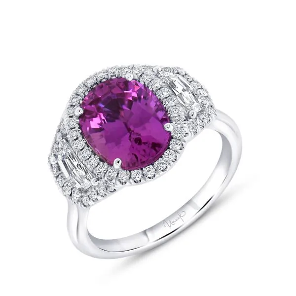 Uneek Precious Collection 3-Stone-Halo Oval Pink Sapphire Engagement Ring Diamond Source Jewelers Greenwood Village, CO
