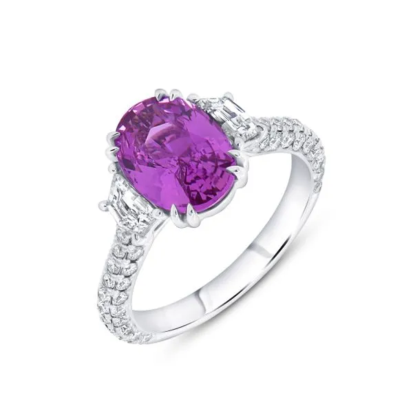 Uneek Precious Collection Three-Stone Oval Pink Sapphire Engagement Ring Diamond Source Jewelers Greenwood Village, CO