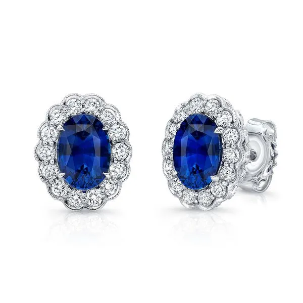 Uneek Precious Collection Halo Oval Blue Sapphire Stud Earrings Quest Fine Jewelers Fairfax, VA