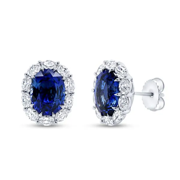 Uneek Precious Collection Halo Oval Blue Sapphire Stud Earrings Diamond Source Jewelers Greenwood Village, CO