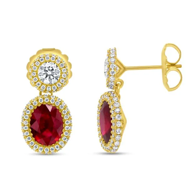 Uneek Precious Collection Halo Oval Ruby Drop Earrings Diamond Source Jewelers Greenwood Village, CO