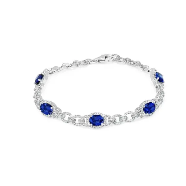 Uneek Precious Collection Halo Oval Blue Sapphire Link Bracelet Diamond Source Jewelers Greenwood Village, CO