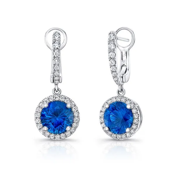 Uneek Precious Collection Halo Round Blue Sapphire Drop Earrings Diamond Source Jewelers Greenwood Village, CO