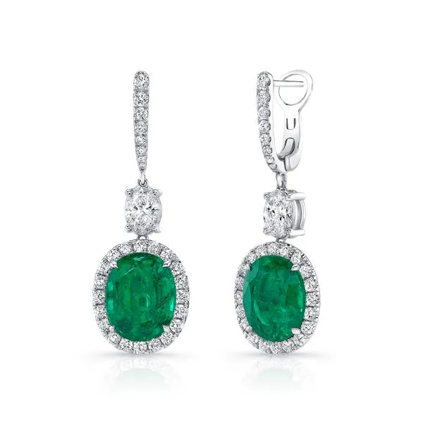 Uneek Precious Collection Halo Oval Emerald Drop Earrings Quest Fine Jewelers Fairfax, VA