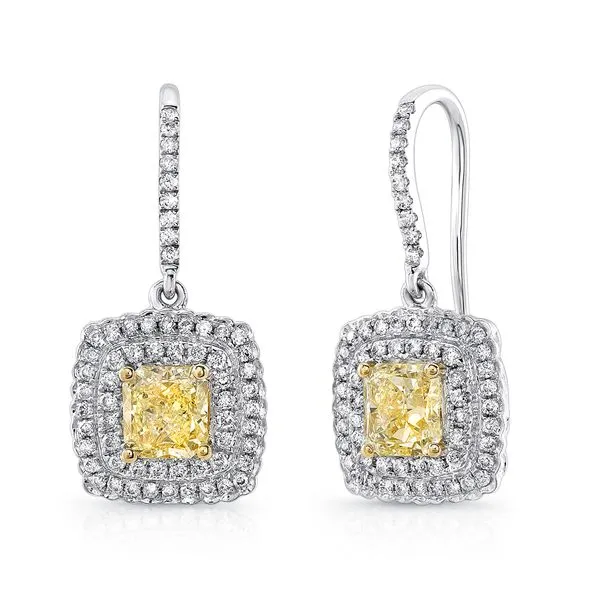 Uneek Natureal Collection Double-Halo Cushion Fancy Yellow Diamond Drop Earrings Diamond Source Jewelers Greenwood Village, CO