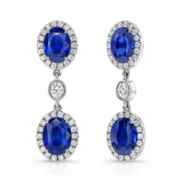 Uneek Precious Collection Halo Round Blue Sapphire Dangle Earrings Diamond Source Jewelers Greenwood Village, CO