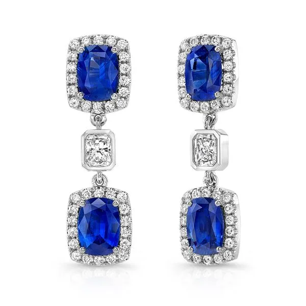 Uneek Precious Collection Halo Cushion Blue Sapphire Dangle Earrings Diamond Source Jewelers Greenwood Village, CO