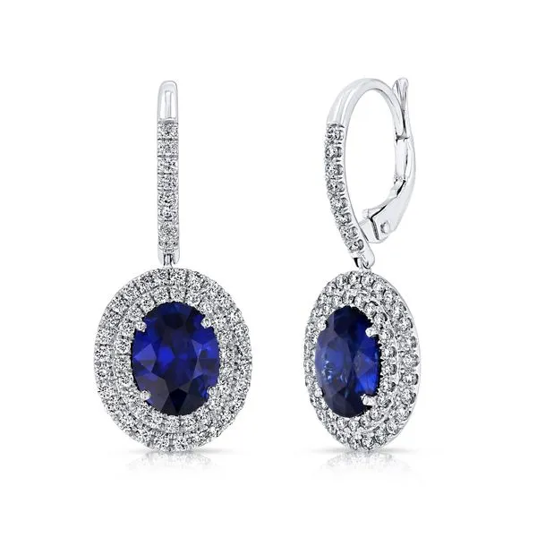 Uneek Precious Collection Halo Oval Blue Sapphire Drop Earrings Diamond Source Jewelers Greenwood Village, CO