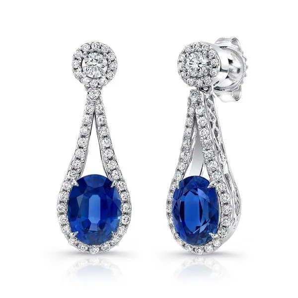 Uneek Precious Collection Halo Oval Blue Sapphire Drop Earrings Quest Fine Jewelers Fairfax, VA