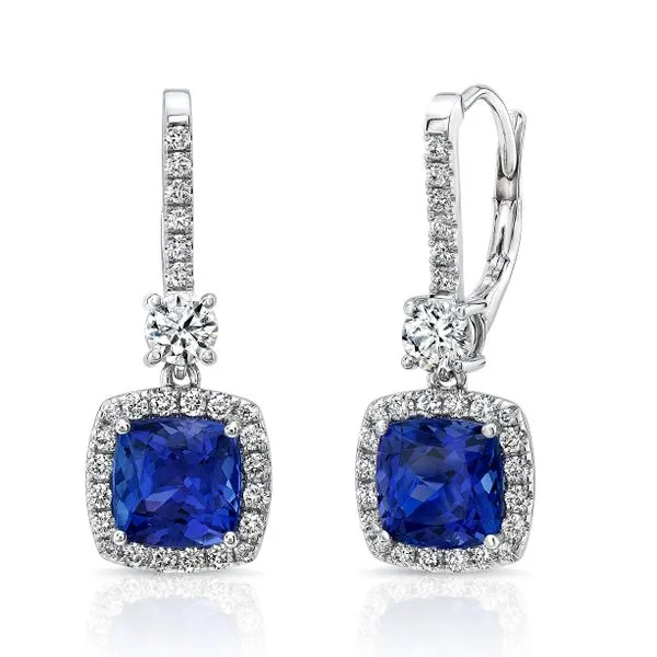 Uneek Precious Collection Halo Cushion Tanzanite Drop Earrings Diamond Source Jewelers Greenwood Village, CO