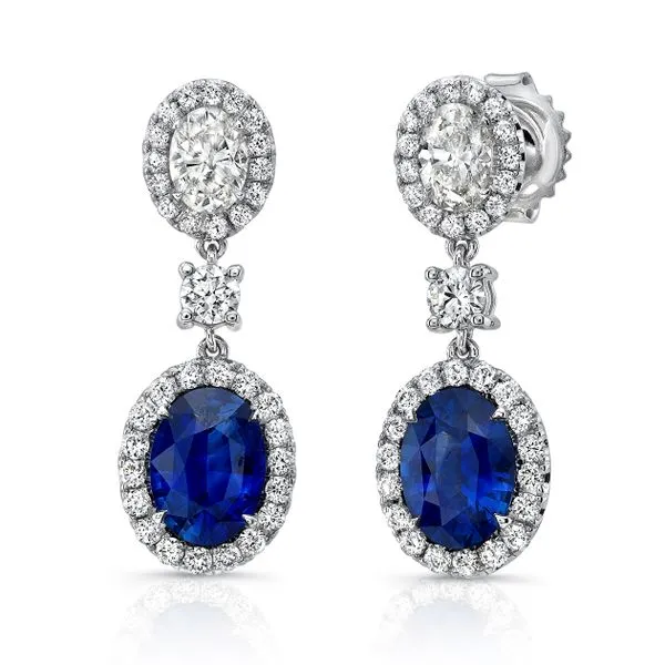 Uneek Precious Collection Halo Oval Blue Sapphire Drop Earrings Diamond Source Jewelers Greenwood Village, CO