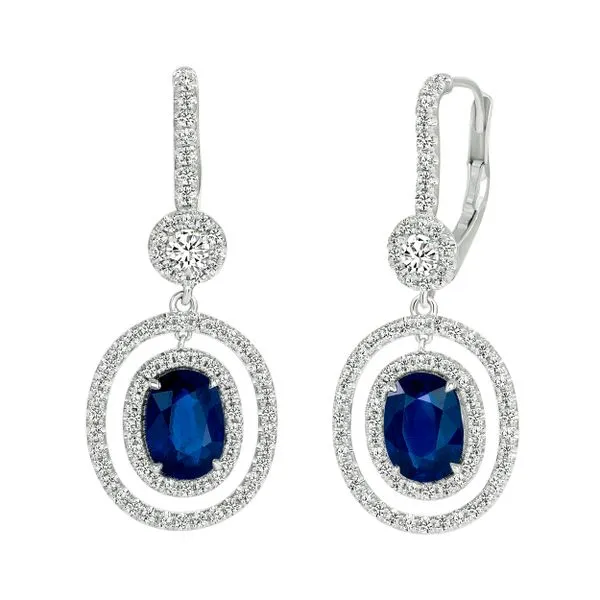 Uneek Precious Collection Halo Oval Blue Sapphire Drop Earrings Diamond Source Jewelers Greenwood Village, CO
