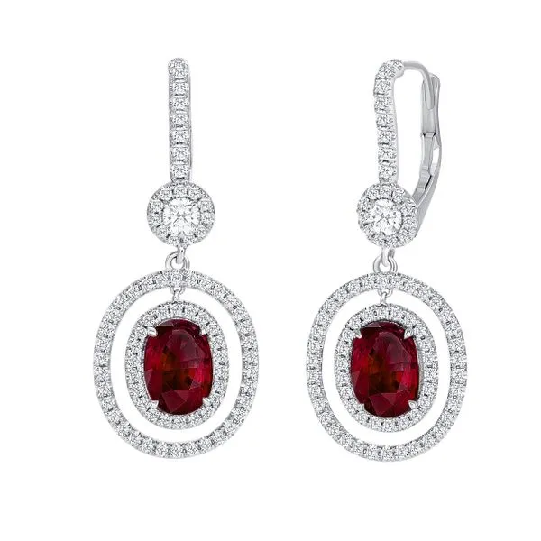 Uneek Precious Collection Halo Oval Ruby Drop Earrings Quest Fine Jewelers Fairfax, VA