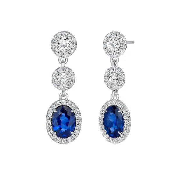 Uneek Precious Collection Halo Oval Blue Sapphire Dangle Earrings Quest Fine Jewelers Fairfax, VA