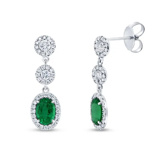 Uneek Precious Collection Halo Oval Emerald Dangle Earrings Diamond Source Jewelers Greenwood Village, CO