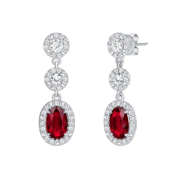 Uneek Precious Collection Halo Oval Ruby Dangle Earrings Diamond Source Jewelers Greenwood Village, CO