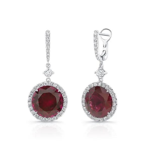 Uneek Precious Collection Halo Round Rhodolite Drop Earrings Quest Fine Jewelers Fairfax, VA