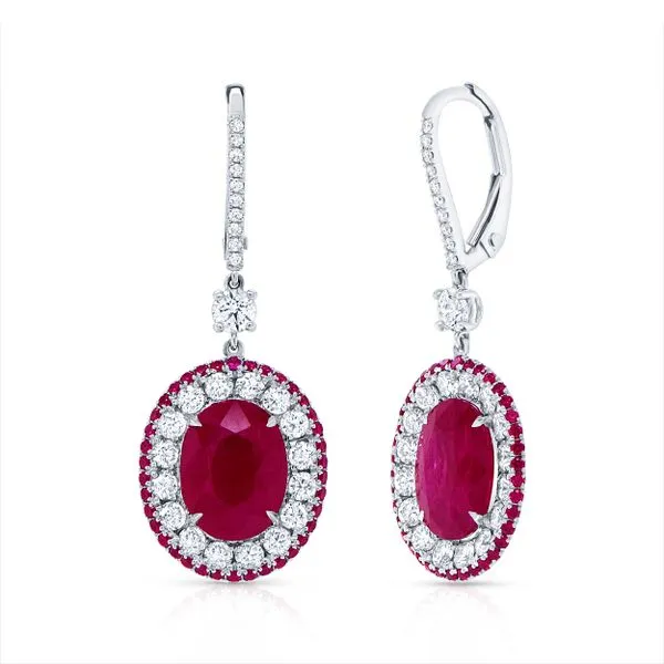 Uneek Precious Collection Halo Oval Ruby Drop Earrings Diamond Source Jewelers Greenwood Village, CO