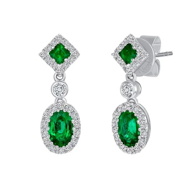 Uneek Precious Collection Halo Oval Emerald Dangle Earrings Quest Fine Jewelers Fairfax, VA
