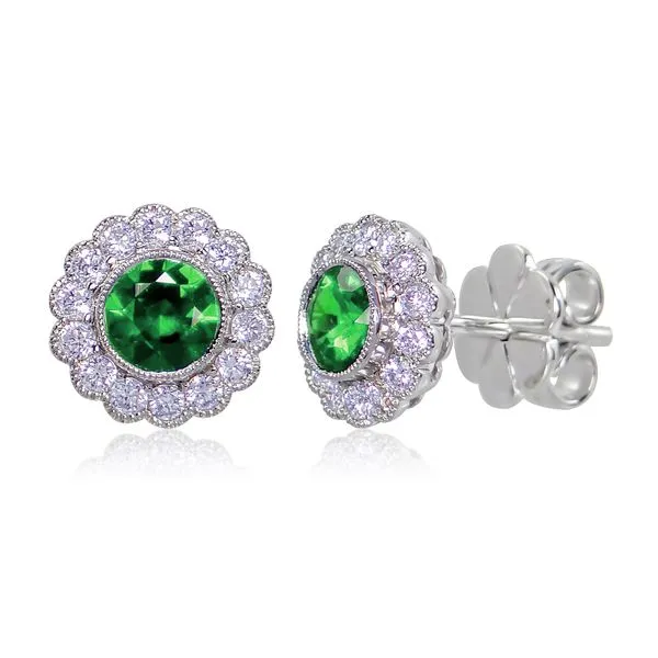 Uneek Precious Collection Halo Round Emerald Stud Earrings Diamond Source Jewelers Greenwood Village, CO