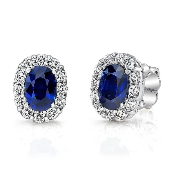 Uneek Precious Collection Halo Round Blue Sapphire Stud Earrings Diamond Source Jewelers Greenwood Village, CO