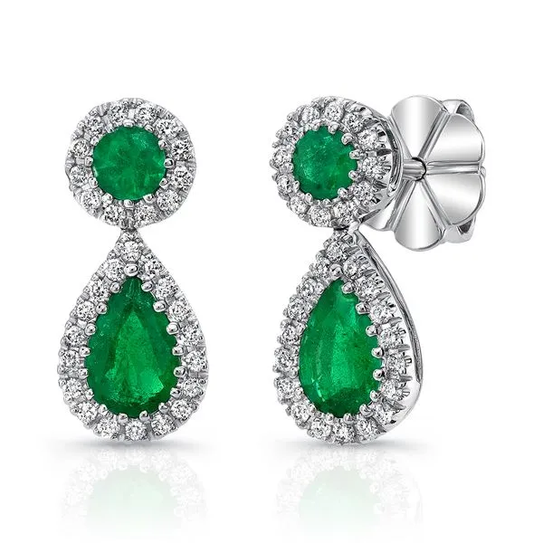 Uneek Precious Collection Halo Pear Emerald Drop Earrings Quest Fine Jewelers Fairfax, VA