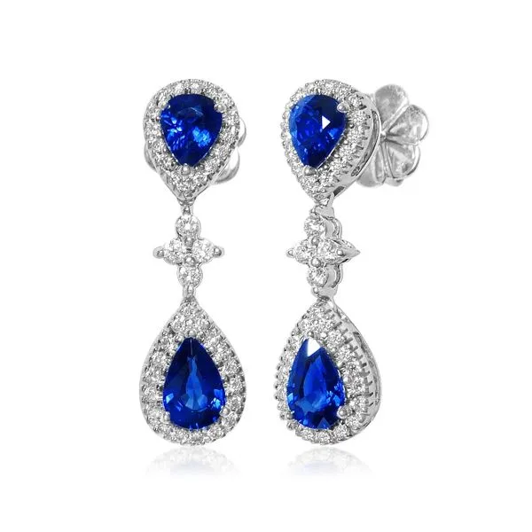 Uneek Precious Collection Halo Pear Blue Sapphire Dangle Earrings Diamond Source Jewelers Greenwood Village, CO