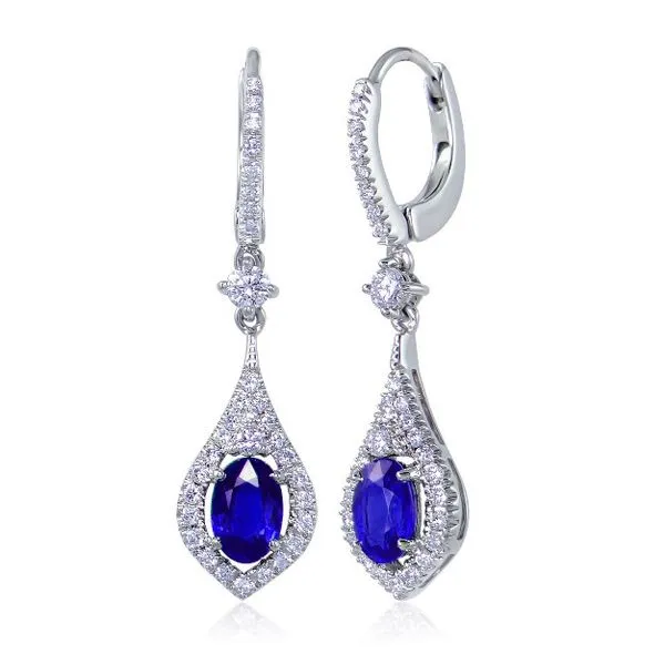 Uneek Precious Collection Halo Oval Blue Sapphire Drop Earrings Quest Fine Jewelers Fairfax, VA