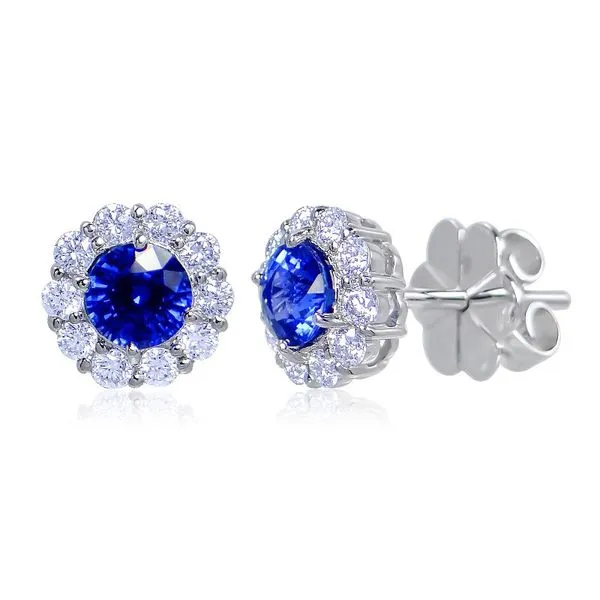 Uneek Precious Collection Halo Round Blue Sapphire Stud Earrings Diamond Source Jewelers Greenwood Village, CO