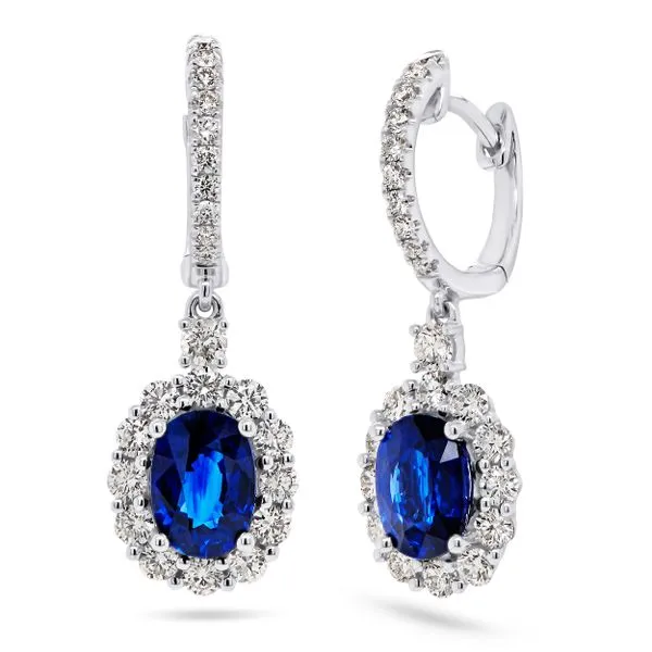 Uneek Precious Collection Halo Oval Blue Sapphire Drop Earrings Quest Fine Jewelers Fairfax, VA