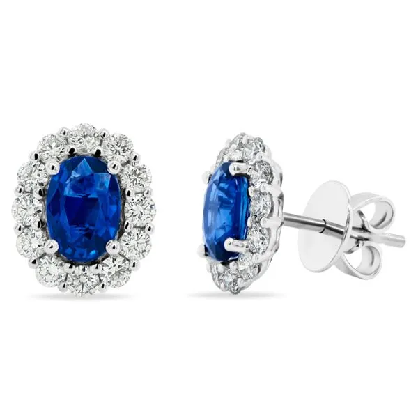 Uneek Precious Collection Halo Oval Blue Sapphire Stud Earrings Diamond Source Jewelers Greenwood Village, CO