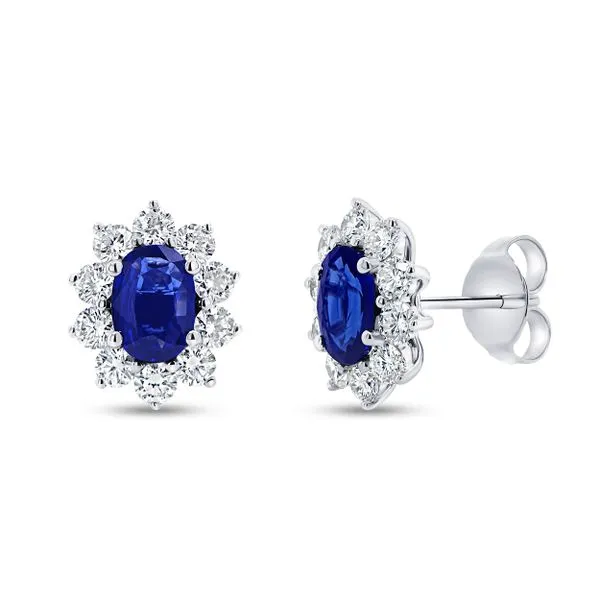 Uneek Precious Collection Halo Oval Blue Sapphire Stud Earrings Aires Jewelers Morris Plains, NJ
