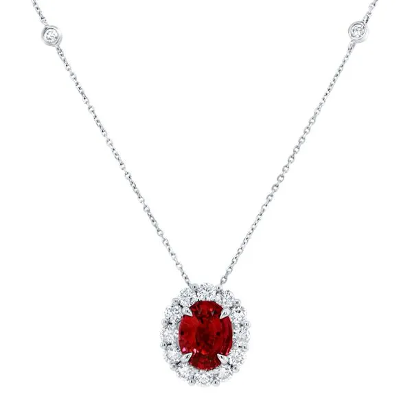 Uneek Precious Collection Halo Oval Ruby Drop Pendant Diamond Source Jewelers Greenwood Village, CO