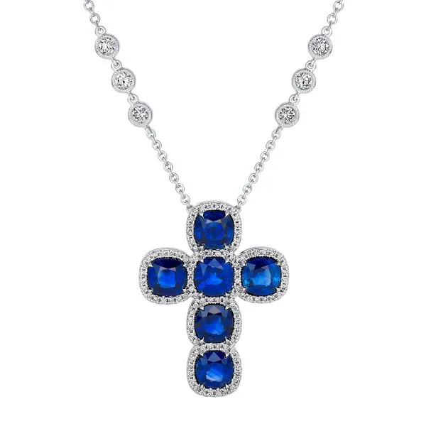 Uneek Precious Collection Cross Cushion Blue Sapphire Religious Necklace Quest Fine Jewelers Fairfax, VA