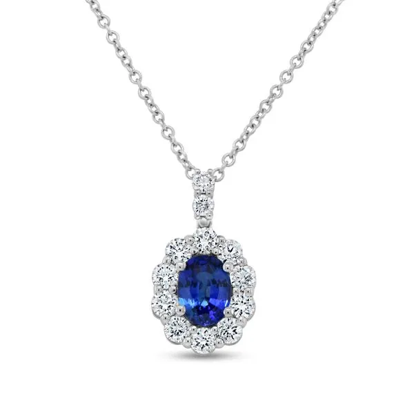 Uneek Precious Collection Halo Oval Blue Sapphire Drop Pendant Diamond Source Jewelers Greenwood Village, CO