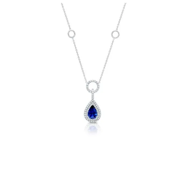 Uneek Precious Collection Double-Halo Pear Blue Sapphire Drop Pendant Quest Fine Jewelers Fairfax, VA