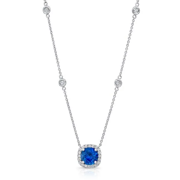 Uneek Precious Collection Halo Round Blue Sapphire Drop Pendant Diamond Source Jewelers Greenwood Village, CO