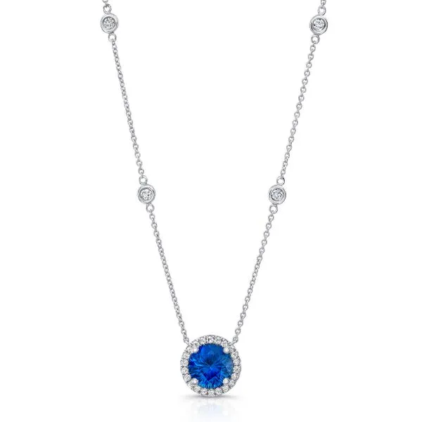 Uneek Precious Collection Halo Round Blue Sapphire Drop Pendant Diamond Source Jewelers Greenwood Village, CO