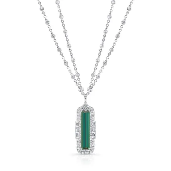 Uneek Precious Collection Double-Halo Emerald Green Tourmaline Drop Pendant Diamond Source Jewelers Greenwood Village, CO