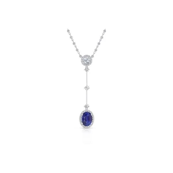 Uneek Precious Collection Halo Oval Blue Sapphire Dangle Necklace Diamond Source Jewelers Greenwood Village, CO